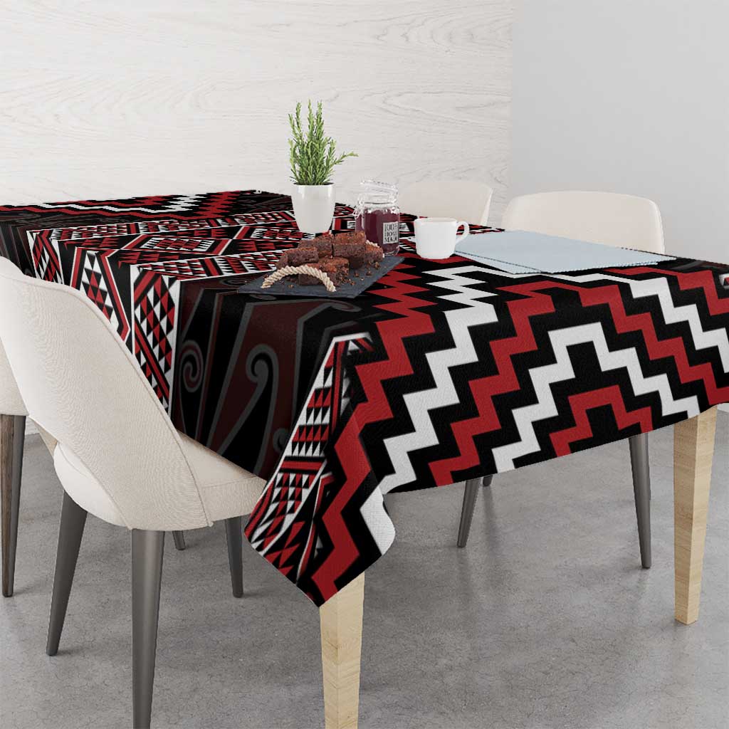 Red Tukutuku Pattern Aotearoa Tablecloth Niho Taniwha and Puhoro Motifs