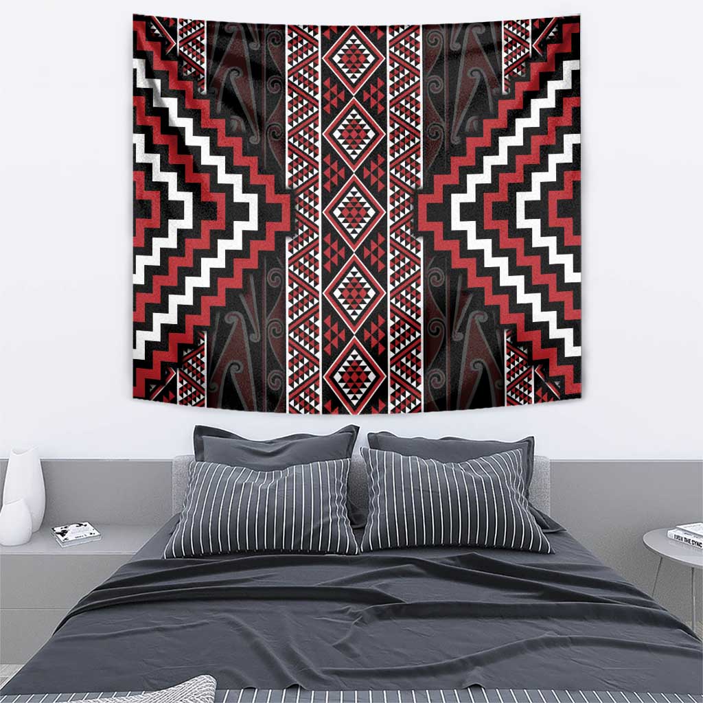 Red Tukutuku Pattern Aotearoa Tapestry Niho Taniwha and Puhoro Motifs