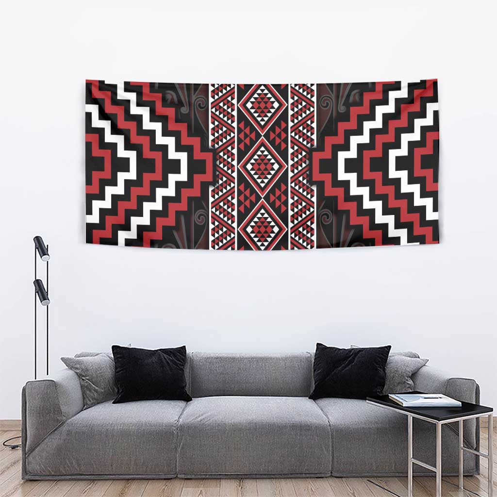 Red Tukutuku Pattern Aotearoa Tapestry Niho Taniwha and Puhoro Motifs