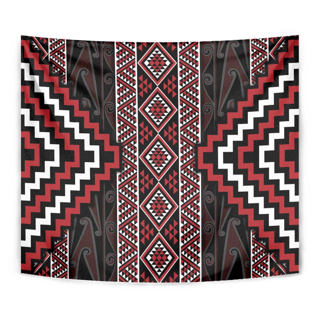 Red Tukutuku Pattern Aotearoa Tapestry Niho Taniwha and Puhoro Motifs