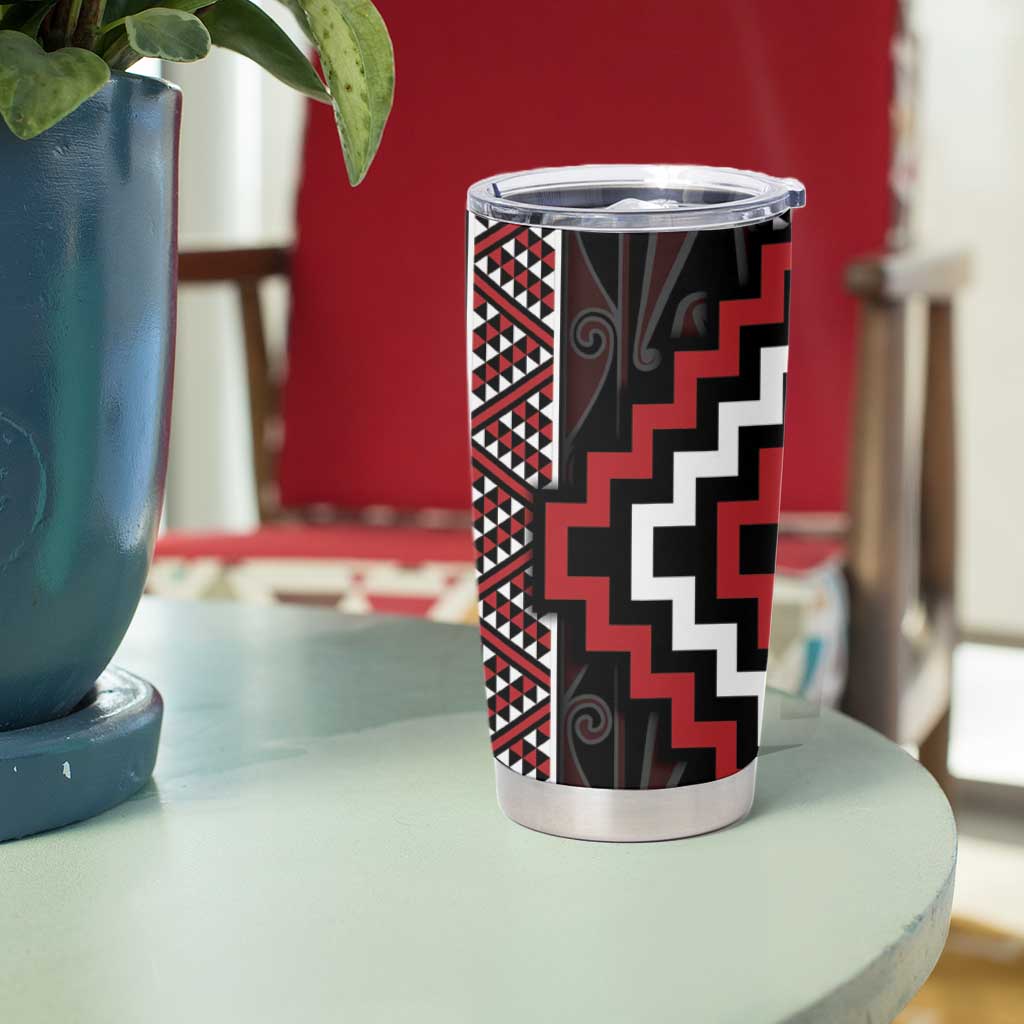 Red Tukutuku Pattern Aotearoa Tumbler Cup Niho Taniwha and Puhoro Motifs