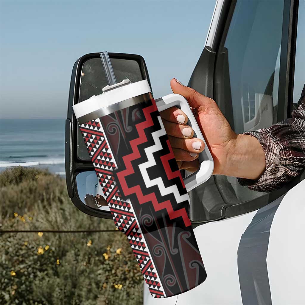 Red Tukutuku Pattern Aotearoa Tumbler With Handle Niho Taniwha and Puhoro Motifs