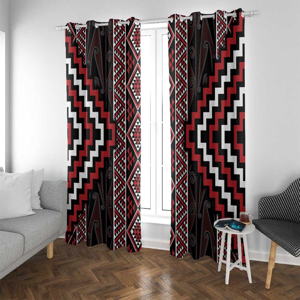 Red Tukutuku Pattern Aotearoa Window Curtain Niho Taniwha and Puhoro Motifs