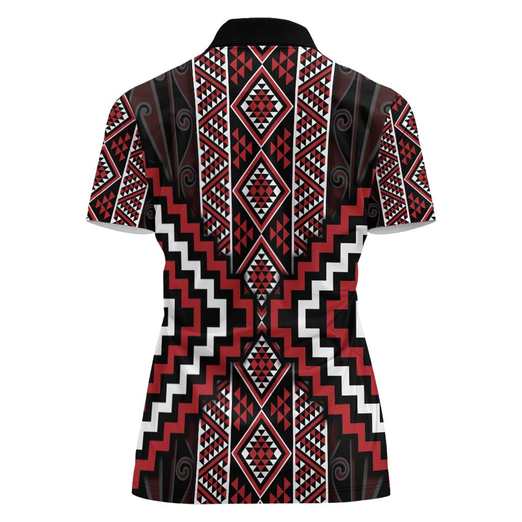 Red Tukutuku Pattern Aotearoa Women Polo Shirt Niho Taniwha and Puhoro Motifs