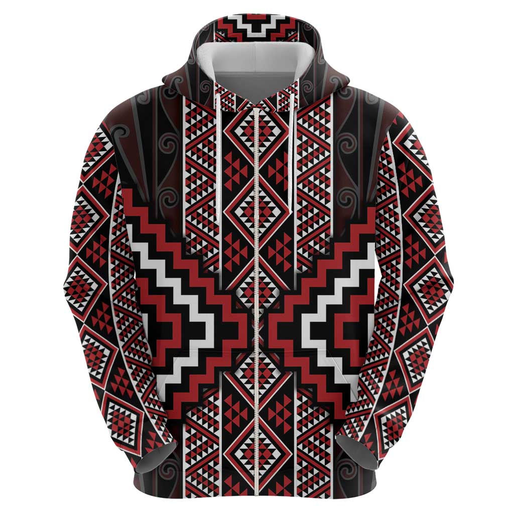 Red Tukutuku Pattern Aotearoa Zip Hoodie Niho Taniwha and Puhoro Motifs LT7 - Polynesian Pride