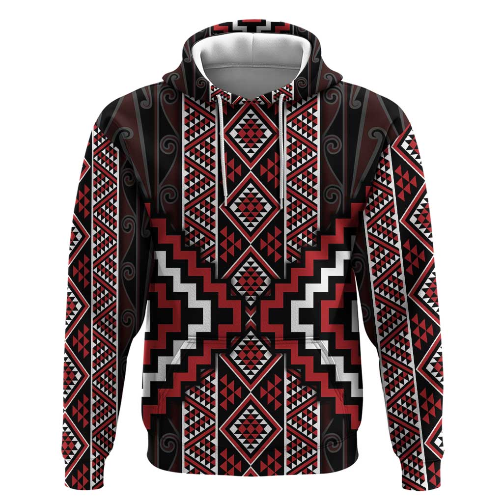 Red Tukutuku Pattern Aotearoa Zip Hoodie Niho Taniwha and Puhoro Motifs LT7 Pullover Hoodie Red - Polynesian Pride
