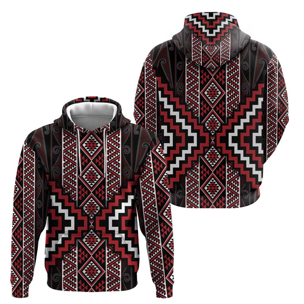 Red Tukutuku Pattern Aotearoa Zip Hoodie Niho Taniwha and Puhoro Motifs LT7 - Polynesian Pride