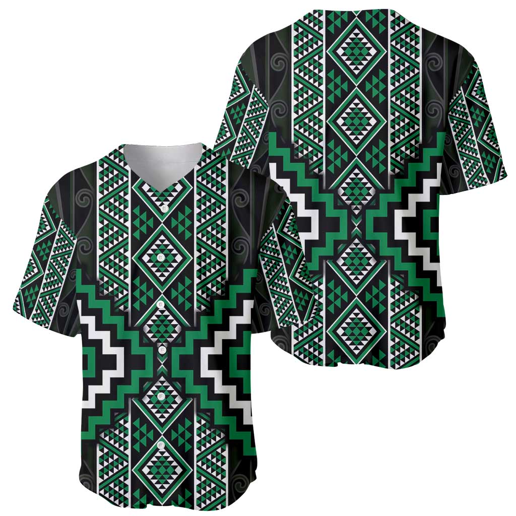 Jade Tukutuku Pattern Aotearoa Baseball Jersey Niho Taniwha and Puhoro Motifs