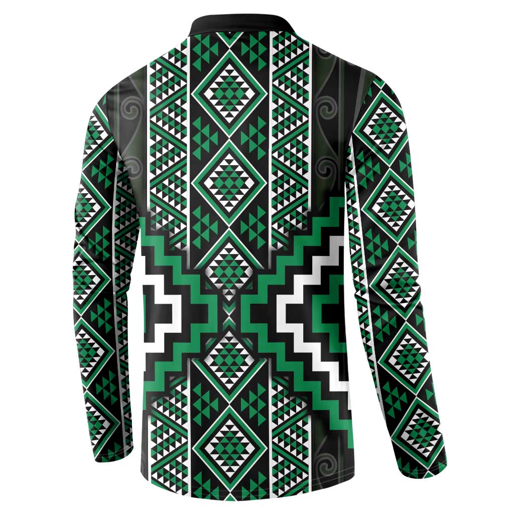 Jade Tukutuku Pattern Aotearoa Button Sweatshirt Niho Taniwha and Puhoro Motifs