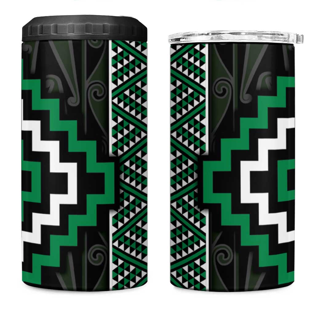 Jade Tukutuku Pattern Aotearoa 4 in 1 Can Cooler Tumbler Niho Taniwha and Puhoro Motifs
