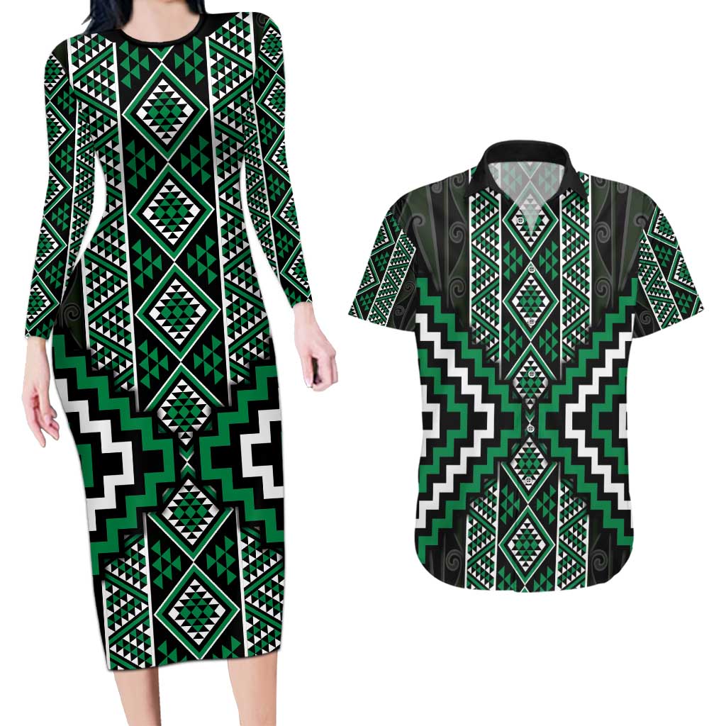 Jade Tukutuku Pattern Aotearoa Couples Matching Long Sleeve Bodycon Dress and Hawaiian Shirt Niho Taniwha and Puhoro Motifs