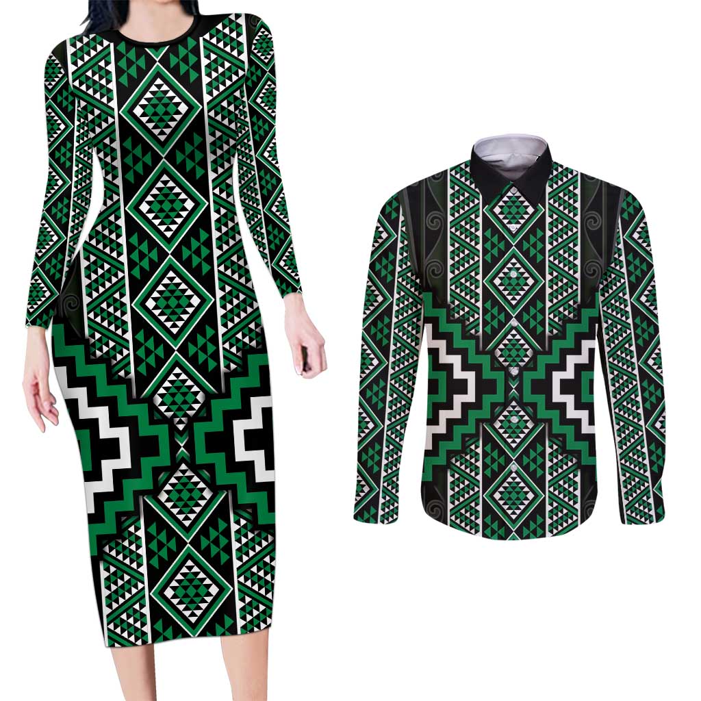 Jade Tukutuku Pattern Aotearoa Couples Matching Long Sleeve Bodycon Dress and Long Sleeve Button Shirt Niho Taniwha and Puhoro Motifs LT7 Green - Polynesian Pride