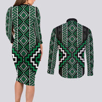 Jade Tukutuku Pattern Aotearoa Couples Matching Long Sleeve Bodycon Dress and Long Sleeve Button Shirt Niho Taniwha and Puhoro Motifs LT7 - Polynesian Pride