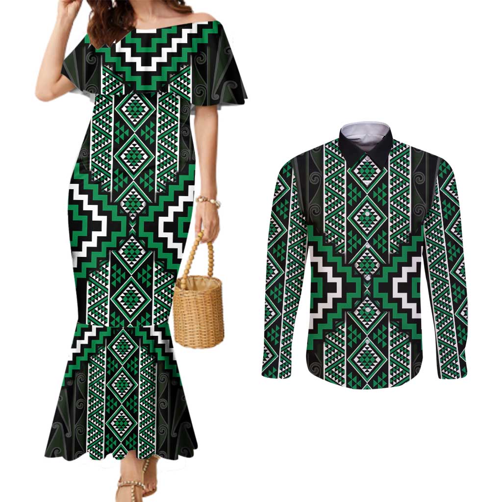 Jade Tukutuku Pattern Aotearoa Couples Matching Mermaid Dress and Long Sleeve Button Shirt Niho Taniwha and Puhoro Motifs LT7 Green - Polynesian Pride