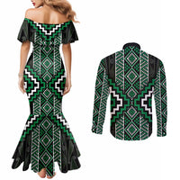 Jade Tukutuku Pattern Aotearoa Couples Matching Mermaid Dress and Long Sleeve Button Shirt Niho Taniwha and Puhoro Motifs LT7 - Polynesian Pride