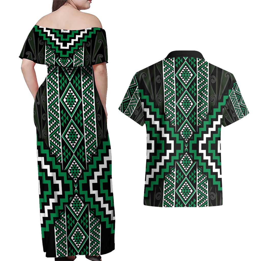 Jade Tukutuku Pattern Aotearoa Couples Matching Off Shoulder Maxi Dress and Hawaiian Shirt Niho Taniwha and Puhoro Motifs