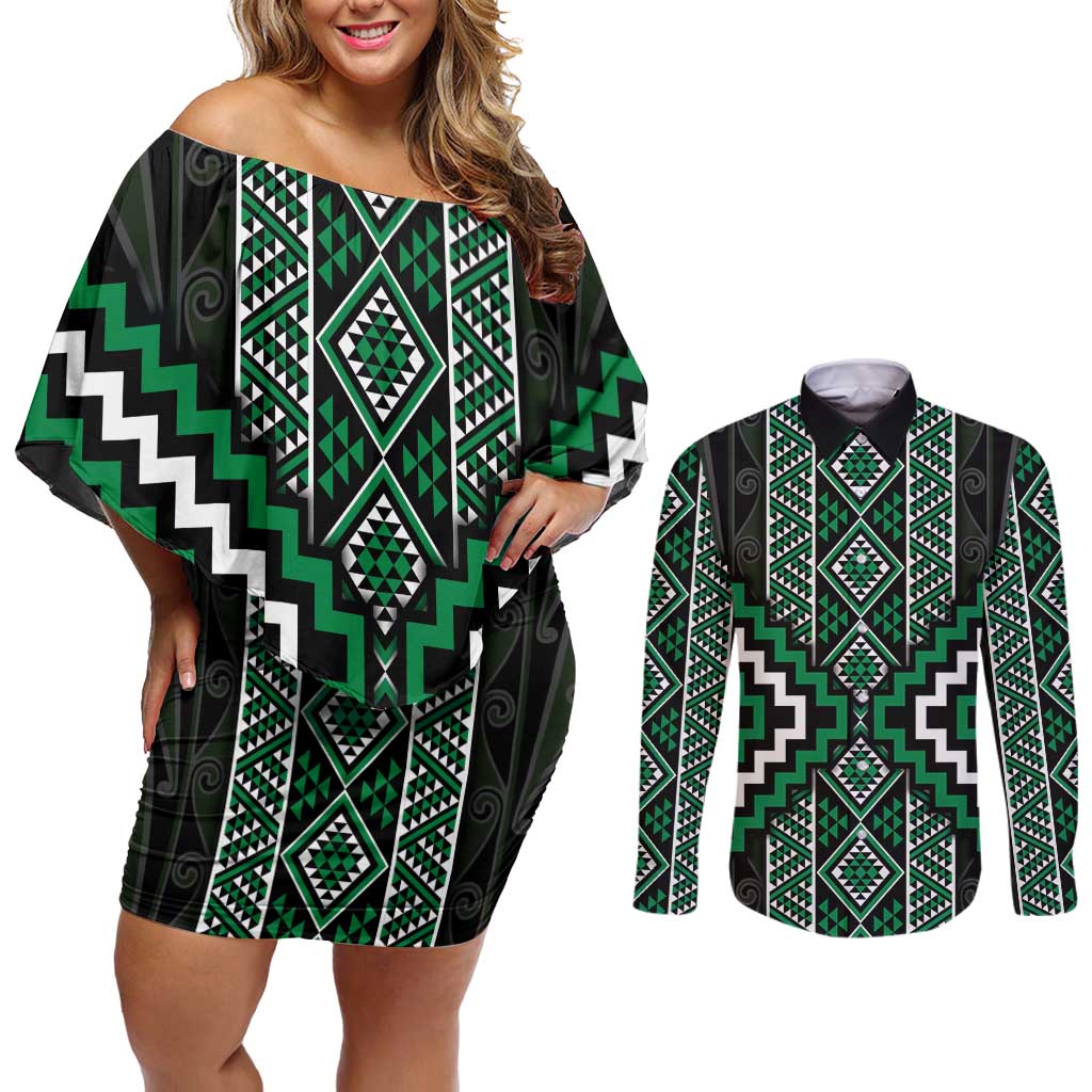 Jade Tukutuku Pattern Aotearoa Couples Matching Off Shoulder Short Dress and Long Sleeve Button Shirt Niho Taniwha and Puhoro Motifs