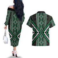 Jade Tukutuku Pattern Aotearoa Couples Matching Off The Shoulder Long Sleeve Dress and Hawaiian Shirt Niho Taniwha and Puhoro Motifs
