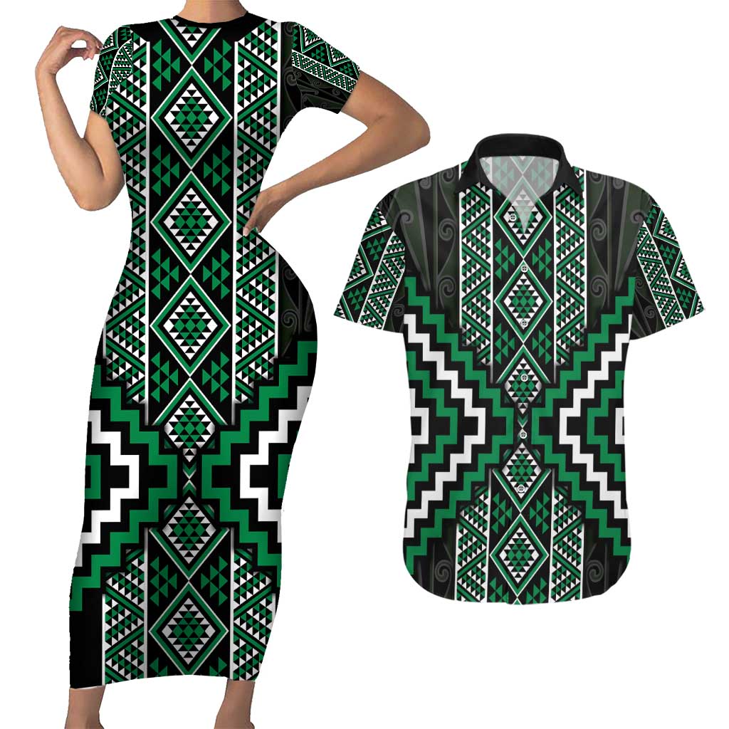 Jade Tukutuku Pattern Aotearoa Couples Matching Short Sleeve Bodycon Dress and Hawaiian Shirt Niho Taniwha and Puhoro Motifs