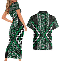 Jade Tukutuku Pattern Aotearoa Couples Matching Short Sleeve Bodycon Dress and Hawaiian Shirt Niho Taniwha and Puhoro Motifs