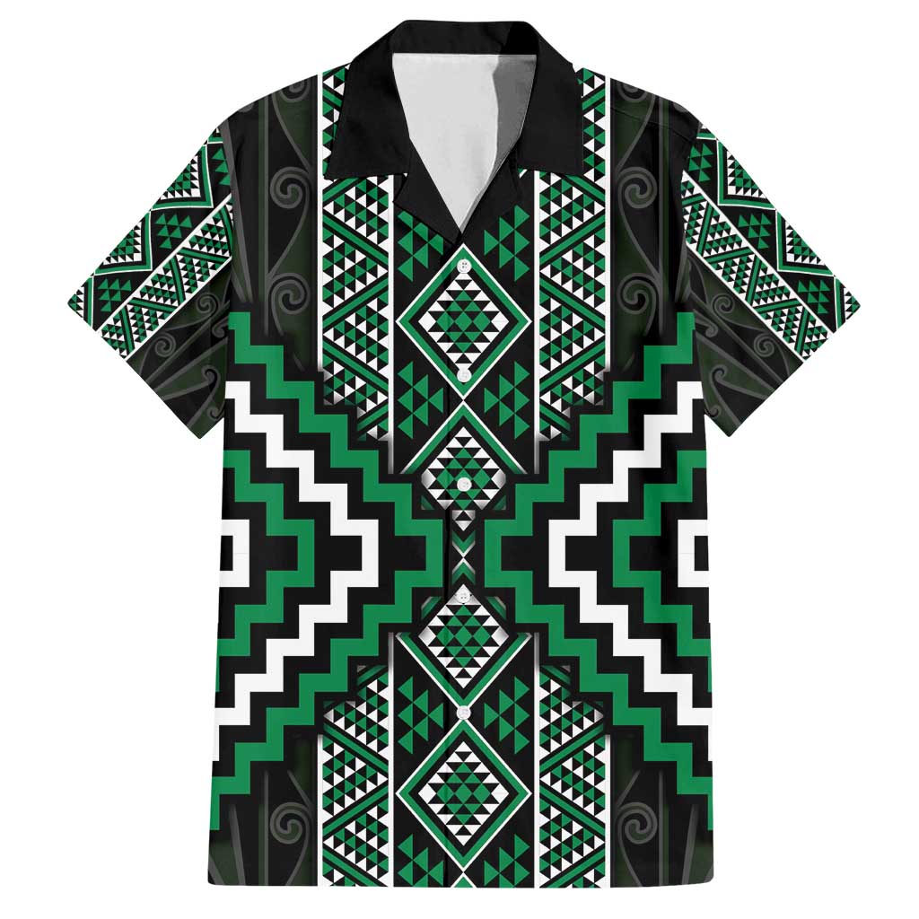 Jade Tukutuku Pattern Aotearoa Family Matching Off Shoulder Short Dress and Hawaiian Shirt Niho Taniwha and Puhoro Motifs LT7 Dad's Shirt - Short Sleeve Green - Polynesian Pride