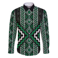 Jade Tukutuku Pattern Aotearoa Family Matching Off Shoulder Short Dress and Hawaiian Shirt Niho Taniwha and Puhoro Motifs LT7 Dad's Shirt - Long Sleeve Green - Polynesian Pride