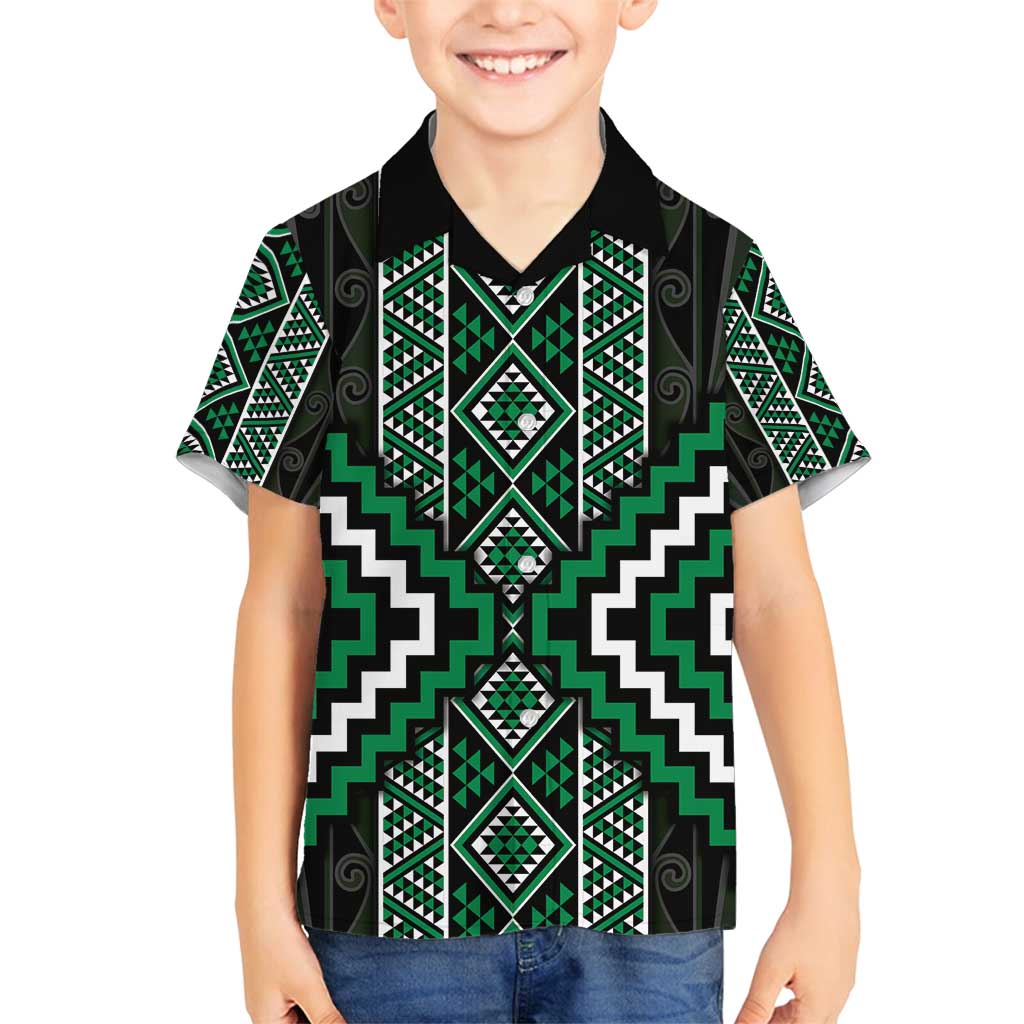 Jade Tukutuku Pattern Aotearoa Family Matching Off Shoulder Short Dress and Hawaiian Shirt Niho Taniwha and Puhoro Motifs LT7 Son's Shirt Green - Polynesian Pride
