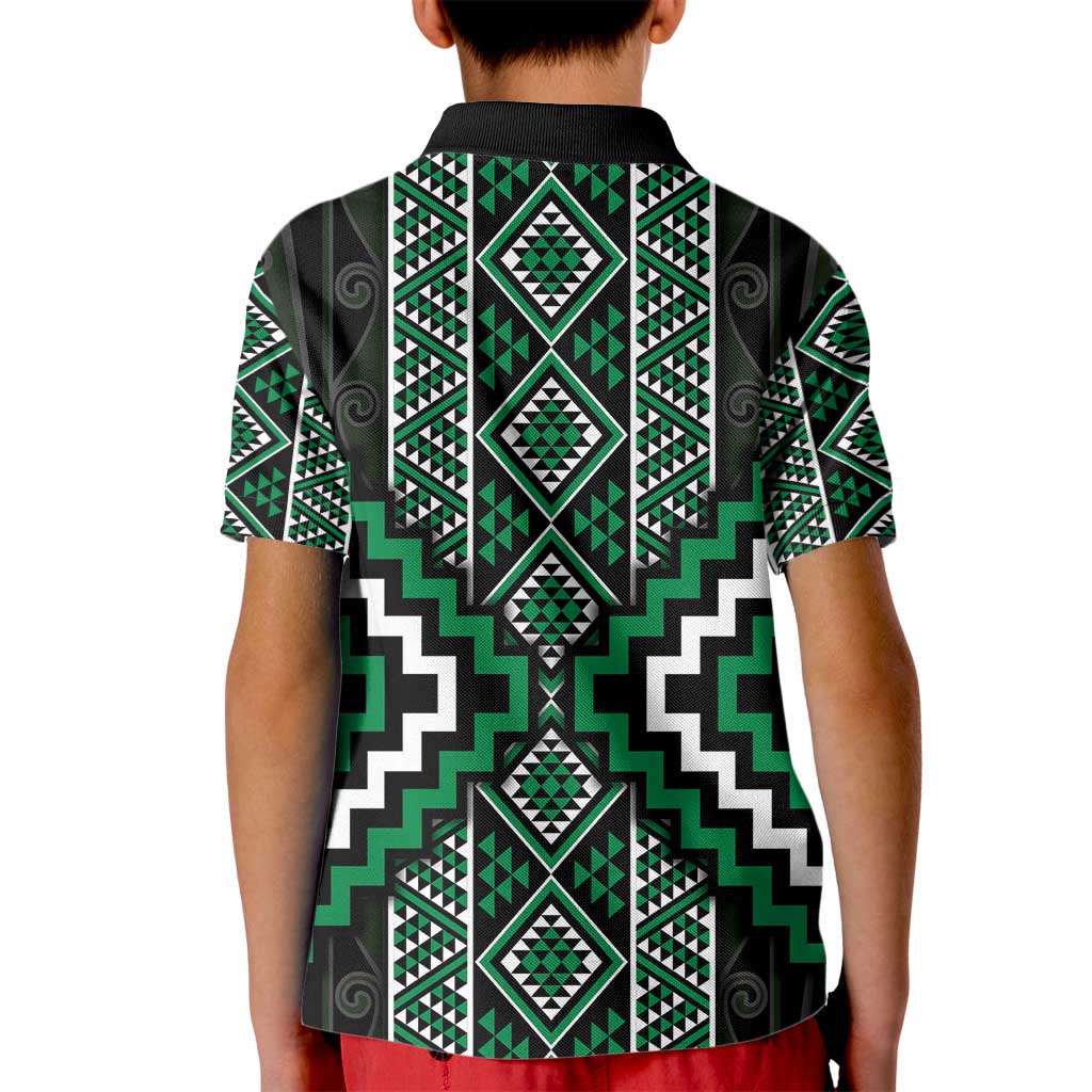 Jade Tukutuku Pattern Aotearoa Kid Polo Shirt Niho Taniwha and Puhoro Motifs