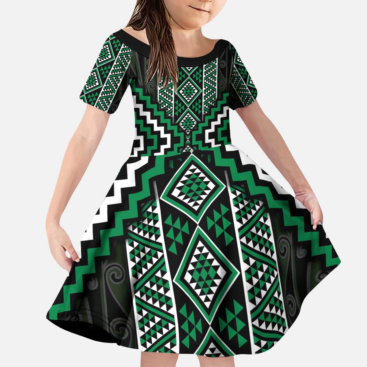 Jade Tukutuku Pattern Aotearoa Kid Short Sleeve Dress Niho Taniwha and Puhoro Motifs LT7 KID Green - Polynesian Pride