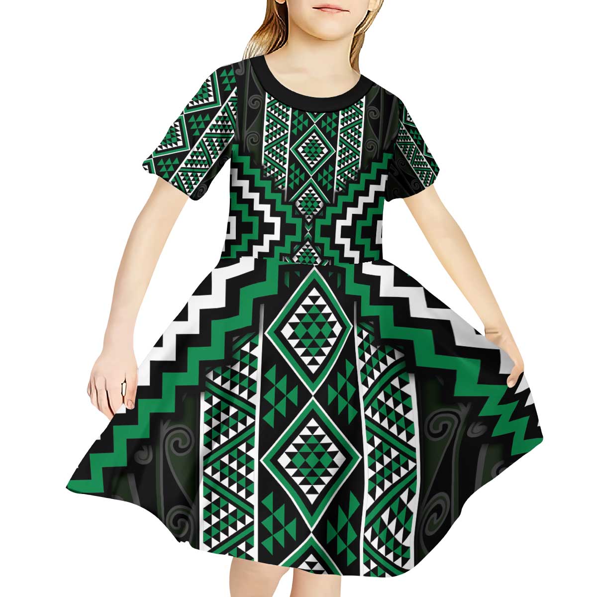 Jade Tukutuku Pattern Aotearoa Kid Short Sleeve Dress Niho Taniwha and Puhoro Motifs LT7 - Polynesian Pride