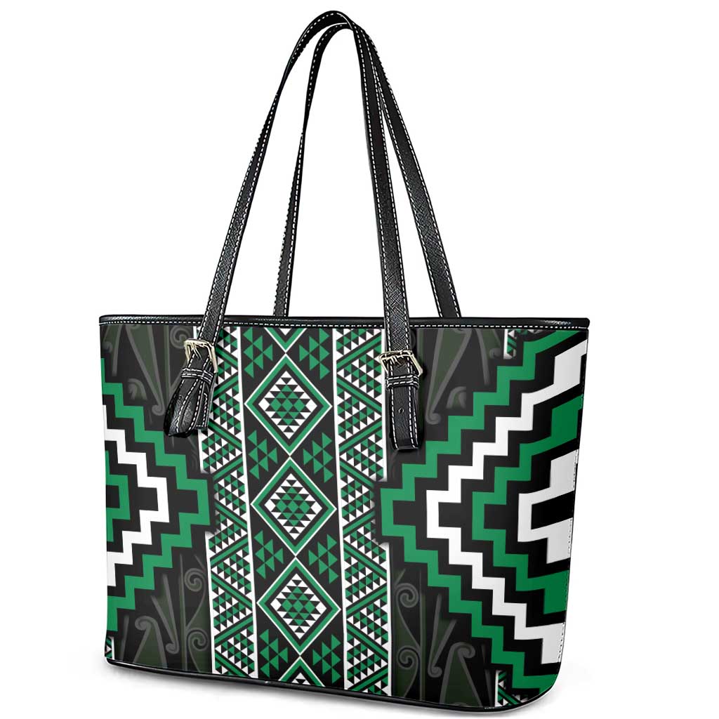 Jade Tukutuku Pattern Aotearoa Leather Tote Bag Niho Taniwha and Puhoro Motifs