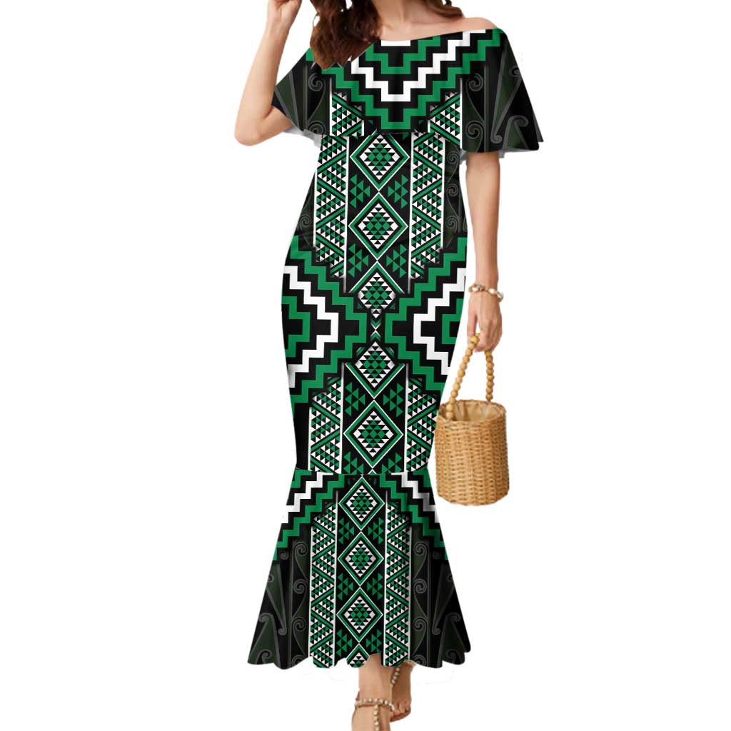 Jade Tukutuku Pattern Aotearoa Mermaid Dress Niho Taniwha and Puhoro Motifs LT7 Women Green - Polynesian Pride