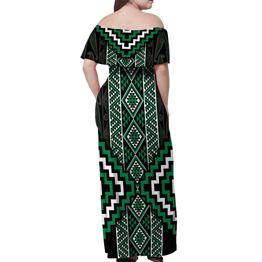 Jade Tukutuku Pattern Aotearoa Off Shoulder Maxi Dress Niho Taniwha and Puhoro Motifs LT7 - Polynesian Pride