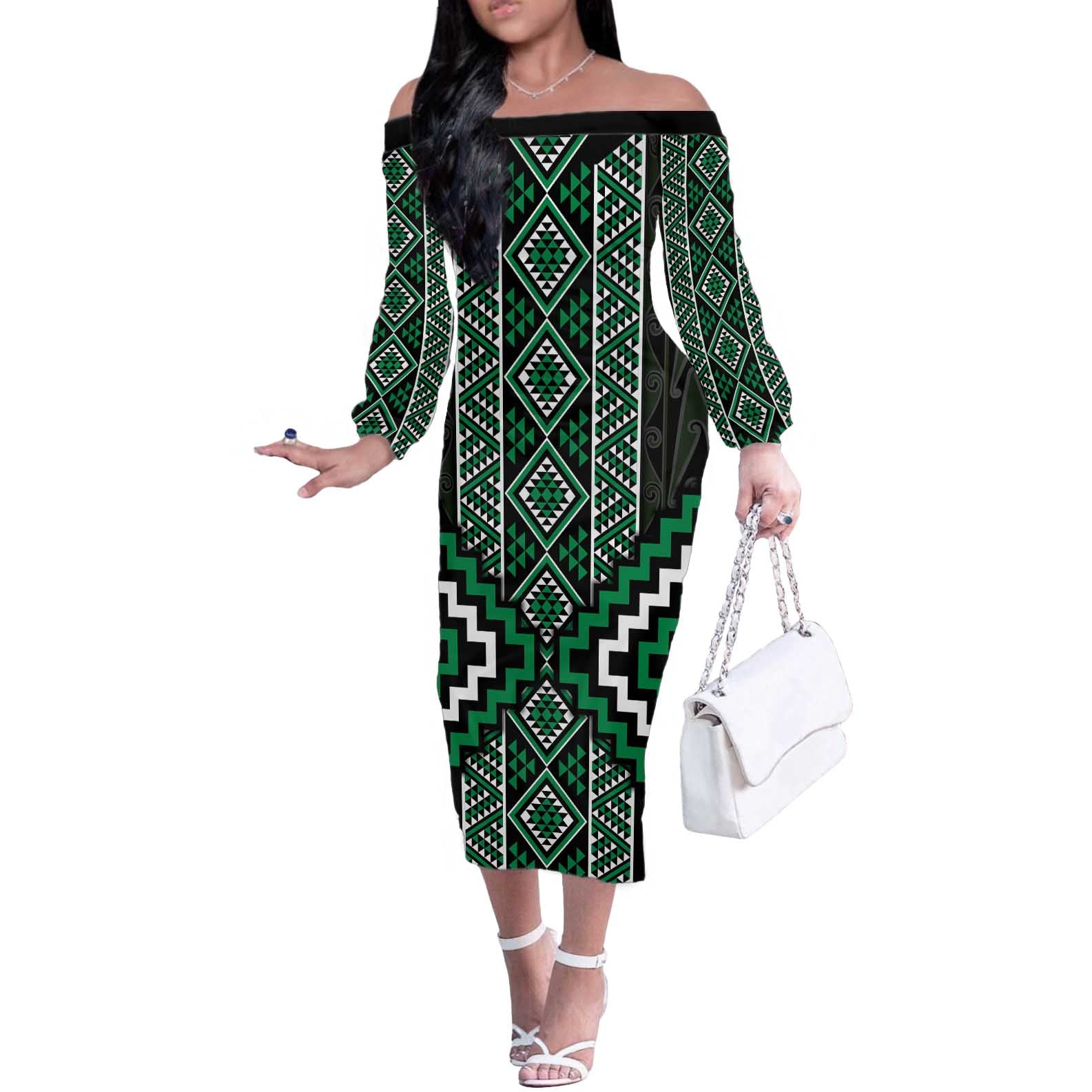 Jade Tukutuku Pattern Aotearoa Off The Shoulder Long Sleeve Dress Niho Taniwha and Puhoro Motifs LT7 Women Green - Polynesian Pride