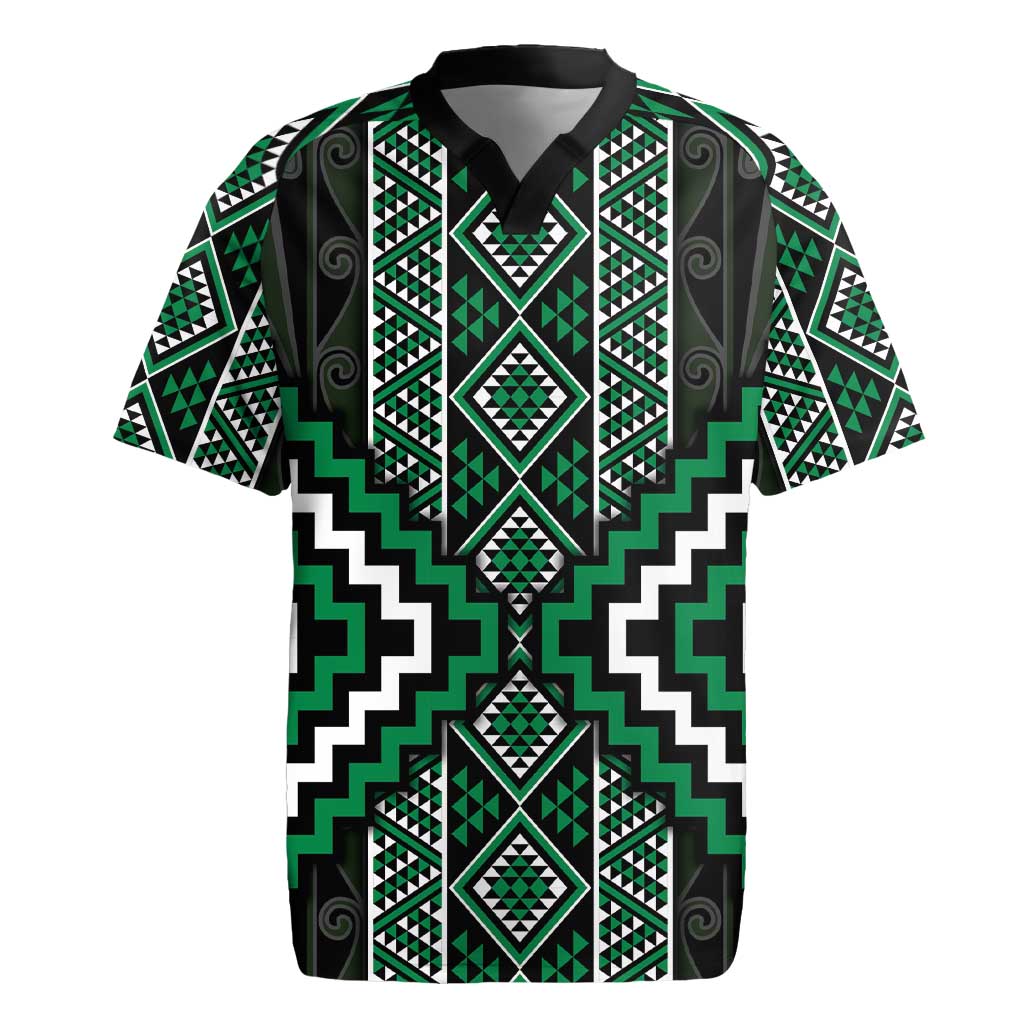 Jade Tukutuku Pattern Aotearoa Rugby Jersey Niho Taniwha and Puhoro Motifs
