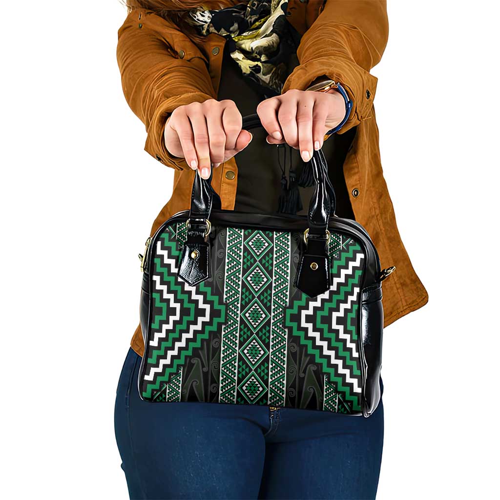 Jade Tukutuku Pattern Aotearoa Shoulder Handbag Niho Taniwha and Puhoro Motifs