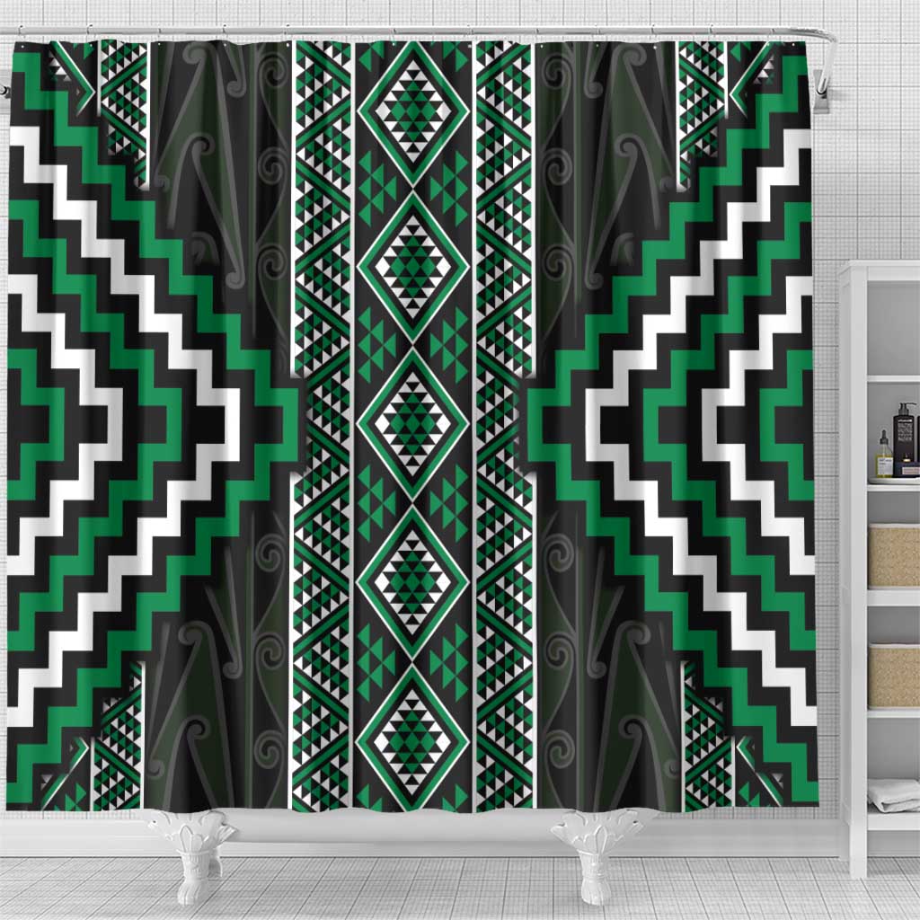 Jade Tukutuku Pattern Aotearoa Shower Curtain Niho Taniwha and Puhoro Motifs