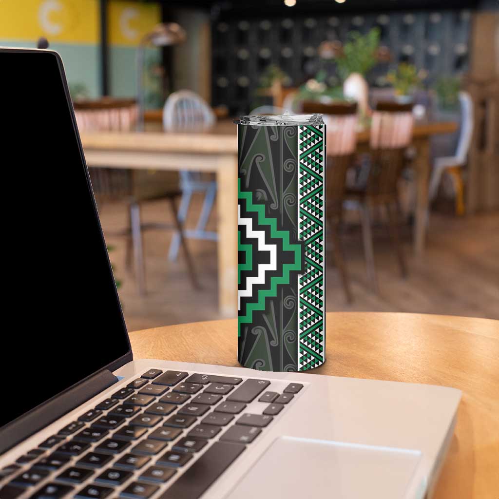Jade Tukutuku Pattern Aotearoa Skinny Tumbler Niho Taniwha and Puhoro Motifs
