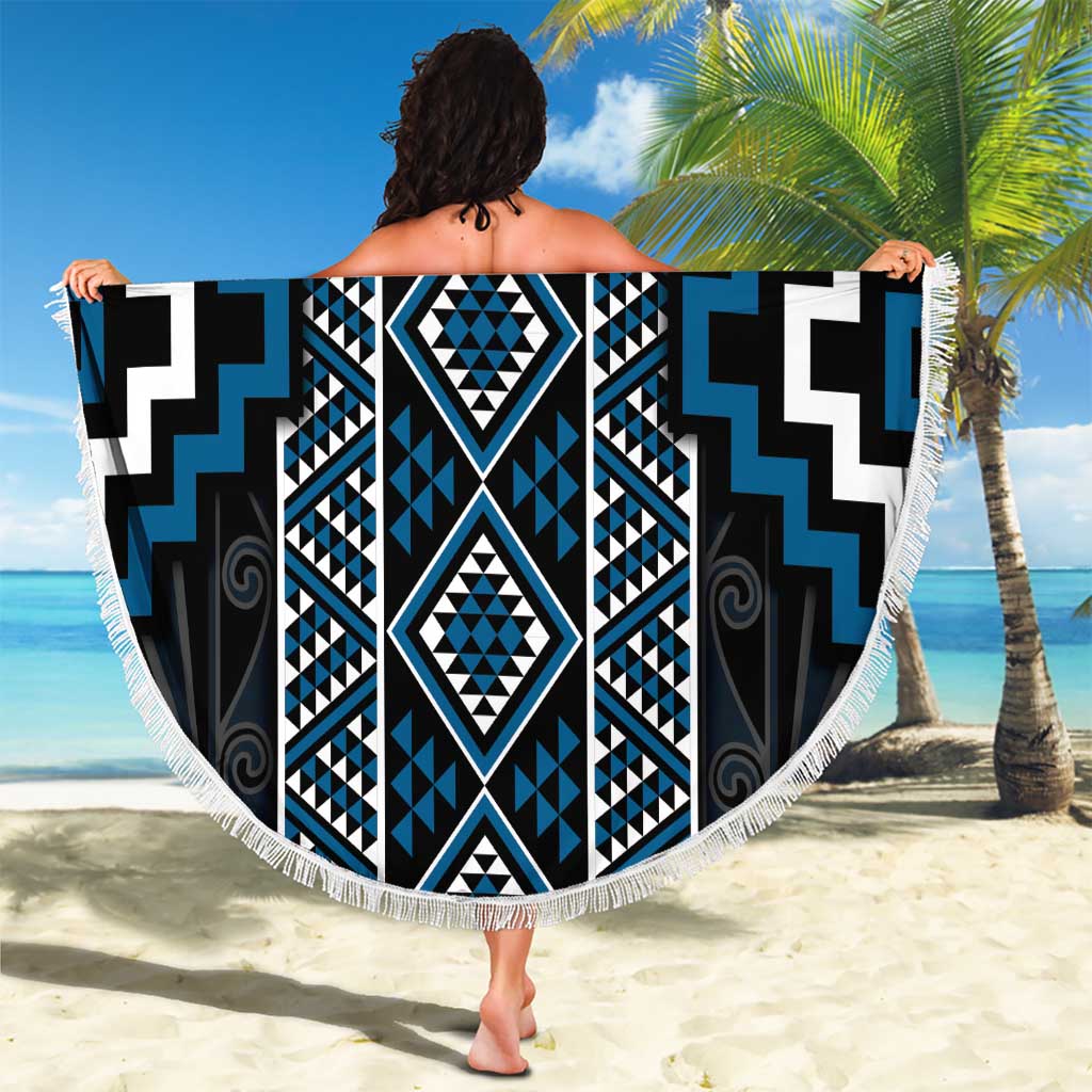 Azure Tukutuku Pattern Aotearoa Beach Blanket Niho Taniwha and Puhoro Motifs