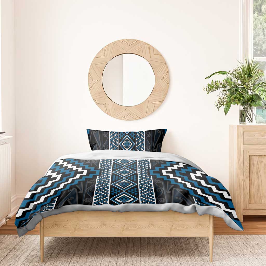 Azure Tukutuku Pattern Aotearoa Bedding Set Niho Taniwha and Puhoro Motifs