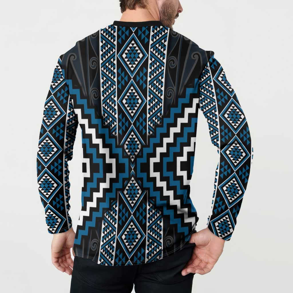 Azure Tukutuku Pattern Aotearoa Button Sweatshirt Niho Taniwha and Puhoro Motifs