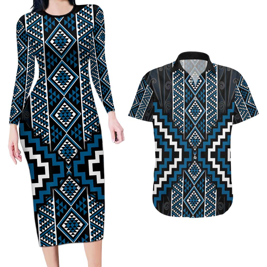 Azure Tukutuku Pattern Aotearoa Couples Matching Long Sleeve Bodycon Dress and Hawaiian Shirt Niho Taniwha and Puhoro Motifs
