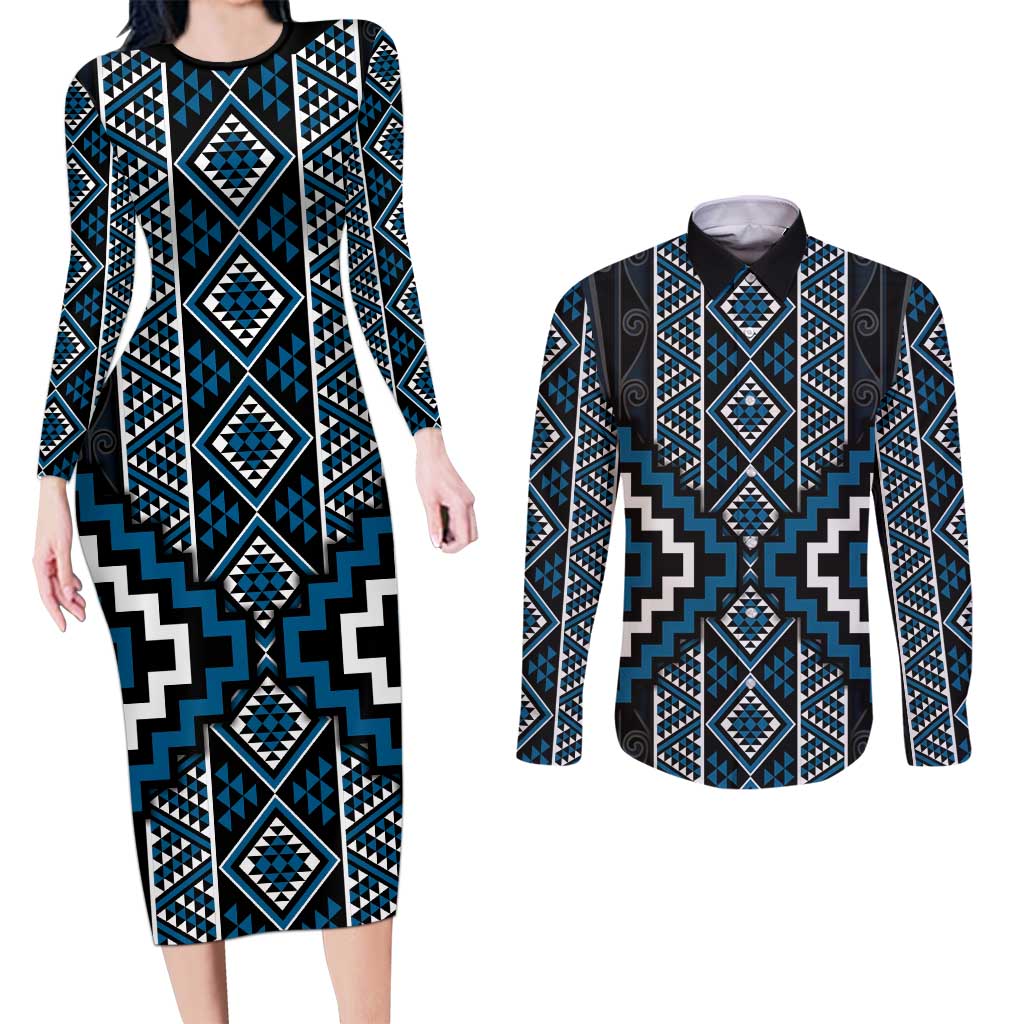 Azure Tukutuku Pattern Aotearoa Couples Matching Long Sleeve Bodycon Dress and Long Sleeve Button Shirt Niho Taniwha and Puhoro Motifs LT7 Blue - Polynesian Pride