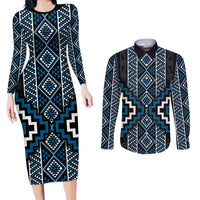 Azure Tukutuku Pattern Aotearoa Couples Matching Long Sleeve Bodycon Dress and Long Sleeve Button Shirt Niho Taniwha and Puhoro Motifs LT7 Blue - Polynesian Pride
