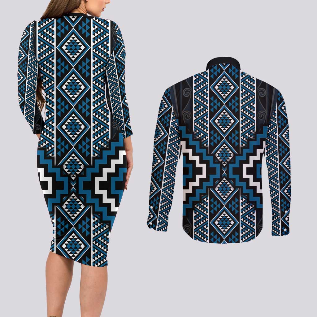 Azure Tukutuku Pattern Aotearoa Couples Matching Long Sleeve Bodycon Dress and Long Sleeve Button Shirt Niho Taniwha and Puhoro Motifs LT7 - Polynesian Pride