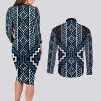 Azure Tukutuku Pattern Aotearoa Couples Matching Long Sleeve Bodycon Dress and Long Sleeve Button Shirt Niho Taniwha and Puhoro Motifs LT7 - Polynesian Pride
