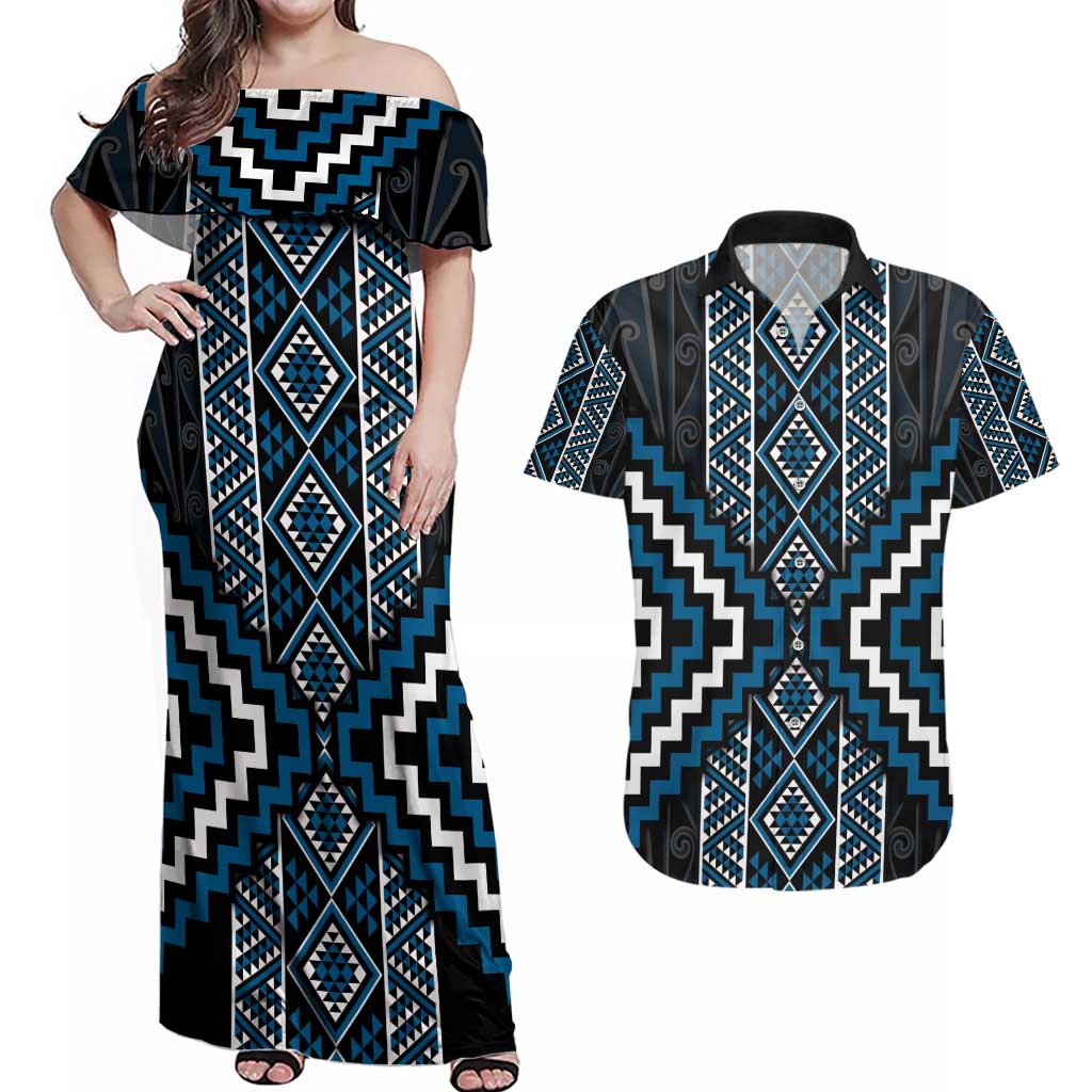 Azure Tukutuku Pattern Aotearoa Couples Matching Off Shoulder Maxi Dress and Hawaiian Shirt Niho Taniwha and Puhoro Motifs