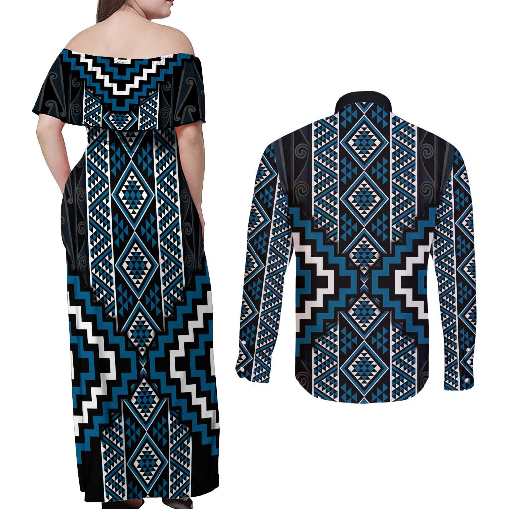 Azure Tukutuku Pattern Aotearoa Couples Matching Off Shoulder Maxi Dress and Long Sleeve Button Shirt Niho Taniwha and Puhoro Motifs