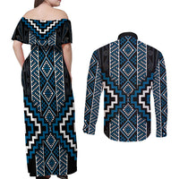 Azure Tukutuku Pattern Aotearoa Couples Matching Off Shoulder Maxi Dress and Long Sleeve Button Shirt Niho Taniwha and Puhoro Motifs