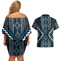 Azure Tukutuku Pattern Aotearoa Couples Matching Off Shoulder Short Dress and Hawaiian Shirt Niho Taniwha and Puhoro Motifs
